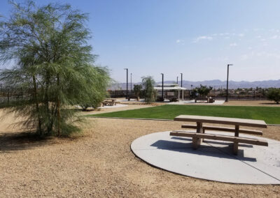 picnic area and new tree at dog park at fire station 85 in clark county nevada