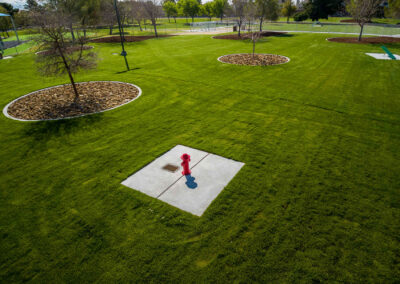 fire hydrant for woofter family dog park with new turf and rock and soil landscaping