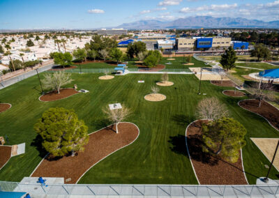 freshly manicured turf from overhead view of woofter family park in las vegas