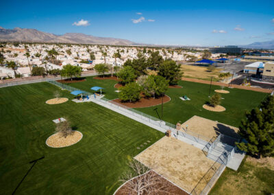 overhead shot of woofter family park with fresh landscape construction and turfing las vegas