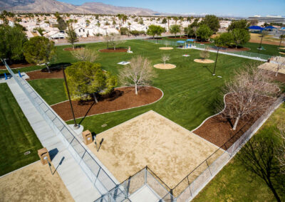 Overhead shot of woofter family park in las vegas Nevada with fresh turf and landscaping