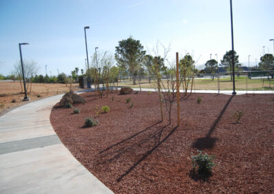 walking path at lone mountain park in las vegas with new landscaping with decorative rocks and native vegitation